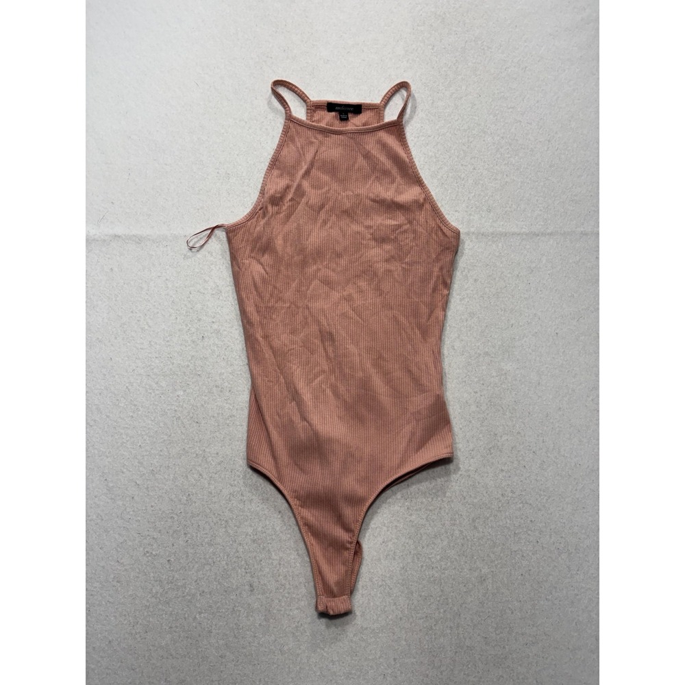 Ambiance Bodysuit Womens Large Pink Ribbed Knit High Neck Sleeveless Stretch